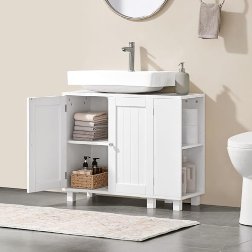 Yaheetech Under Sink Bathroom Cabinet, Bathroom Storage Cupboard Furniture with 2 Doors, Adjustable Shelves and Open Side Storage Unit White