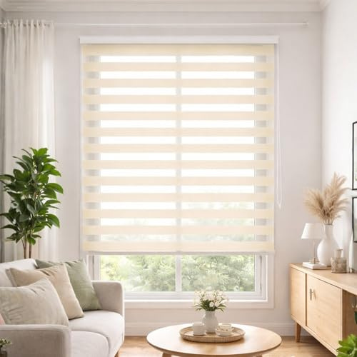 DALINA Estor Noche y Día Enrollable Doble Capa, 80x200 cm (AnxL), Persiana para Ventana, Tela Real 77x193 cm, Beige