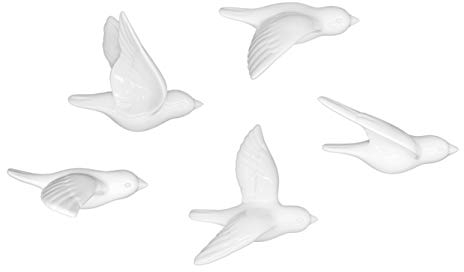 Holi Trends Wanddekoration Set: 5 Verschiedene Vögel, aus Porzellan Keramik hängend, Wohnzimmer, Kinderzimmer, Babyzimmer, Schlafzimmer, Aesthetic, Boho, Geschenk, Herbstdeko (Weiß-Glänzend)