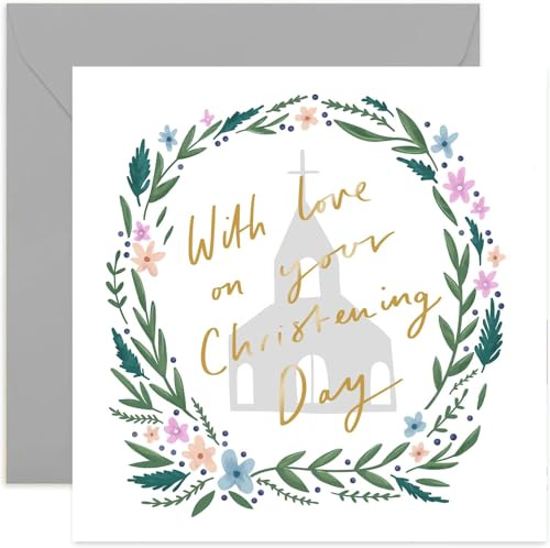 Old English Co. With Love Christening Card - Gold Foil Square Religious Card | First Communion, Baptism, Christian, Confirmation | Blank Inside & Envelope Included