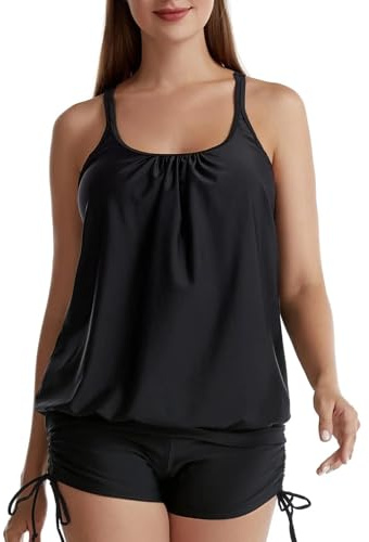 IHCEMIH Swimming Costume Women Tankinis Sets Push up Tummy Control High Waisted Modest Swimwear Swimsuits Bathing Suit Beach Wear Women's Two Pieces Black Blouson Tankini with Shorts for Ladies XL