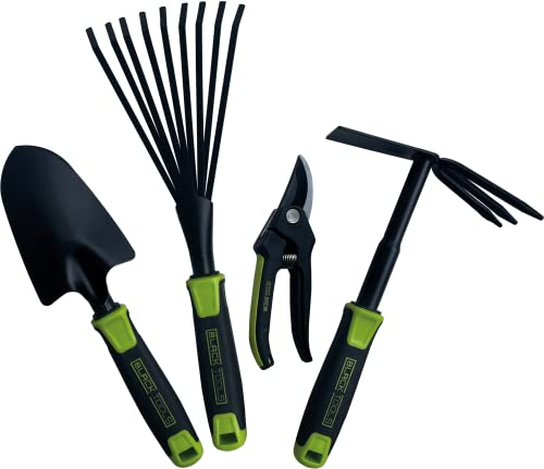 BLACK TOOLS® Garden Kit d'outils de jardinage 4 pièces | Truelle, houe, sécateur, balai à lamelles | Kit optimal pour le petit jardin ou le balcon | Jardin, bac, jardinières, parterres de balcon