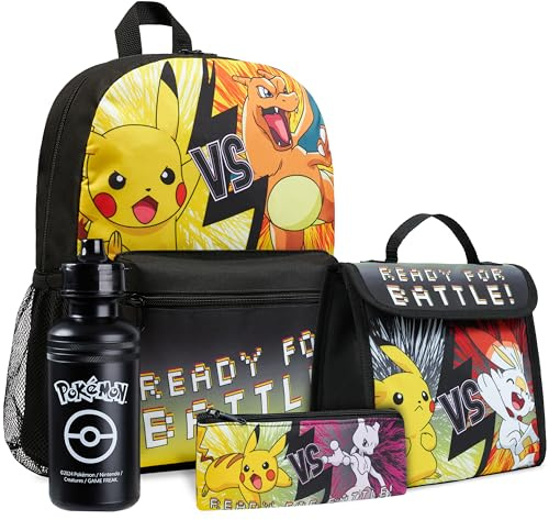 Pokémon Zainetto Bambino Set 4 Pz Zaino Borraccia Astuccio Borsa Porta Pranzo o Portafoglio Anime Accessori Scuola Regalo Bambini (Nero/Giallo 4 Pz Set)