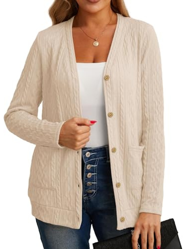 Cardigan Donna Giacca Maglioncino Cotone Donna Leggera Elegante Attorcigliato Casuale Solido Cardigan per l'Autunno con Bottoni, Scollo a V e Pratiche Tasche (Albicocca, L)