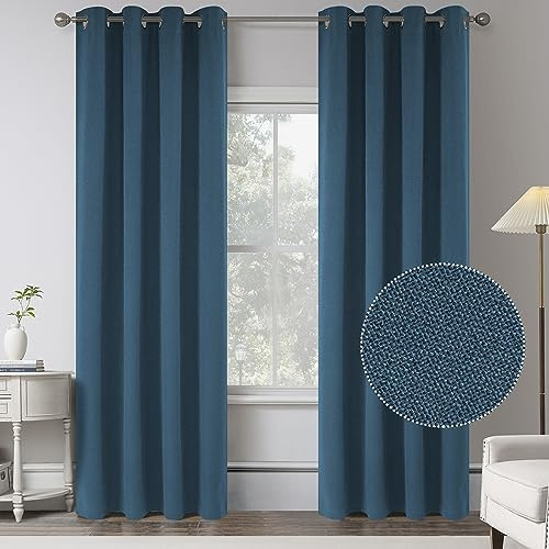 Set of 2 Panels 95 Inch Length 100% Blackout Linen Curtains for Bedroom - Complete Room Darkening Thermal Insulated Window Curtain Panels for Living Room (W52 x L95 Inches Long,Denim Blue)