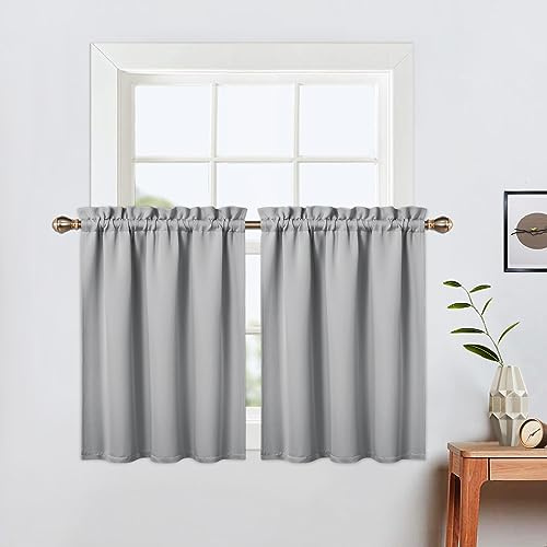 LinTimes Blackout Short Curtains 24 Inches Long for Bathroom - 2 Panel Rod Pocket Cafe Tier Light Blocking for Small Windows Kitchen, Light Grey Wine