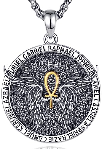 EUDORA Schutzamulett Siegel der 7 Erzengel Michael Ankh Kette Damen Herren Sterling Silber 925, Erzengel Michael Amulett Halskette Christlicher Anhänger Runen Schmuck Geschenk Frauen Männer, 60CM