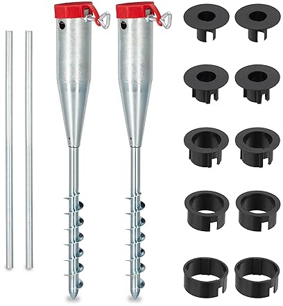 Relaxdays Bodenhülse, 2er Set, Sonnenschirm & Wäschespinne, zum Eindrehen, 25-55 mm Stangendicke, Bodendorn, silber/rot