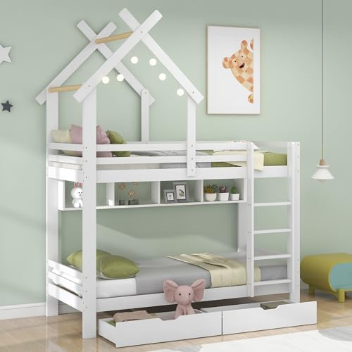 Merax Lit superposé pour enfant : lit de maison avec tiroirs, étagères, échelle, protection anti-chute et grille, cadre en pin blanc (90 x 200 cm) (sans matelas)