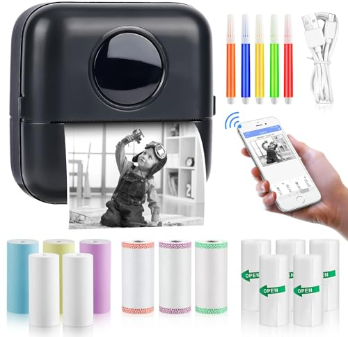 GuKKK Mini Drucker, Mobiler Fotodrucker, Tragbarer, Wireless Thermodrucker, mit 13 Rollen Druckerpapie und 5 Buntstifte, für Lernhilfe,Lernnotizen,Journal,Notizen,Liste