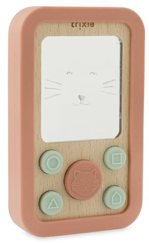 Trixie Telefono in silicone per bambini, motivo: Mrs. Cat, giocattolo morbido e resistente, in silicone sicuro e legno naturale, giocattolo sensoriale per neonati e bambini, design ecologico