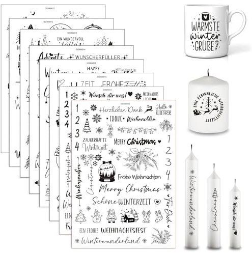 Rub On Sticker, 5/8 Stück Rub On Sticker Weihnachten, DIY Deko Aufkleber Weihnachten, Rub On Folie Transferaufkleber, Rub On Transfer Aufkleber Weihnachten,für Möbel Fenster Glas Tassen (A 8PCS)