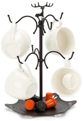 SUNNEKO Mug Tree for 6 Cups, Black Mug Holder for Kitchen with 6 Hooks, Coffee Cup Holder Stand Hanger, Coffee & Tea Bar Accessories, Deer Shape Top