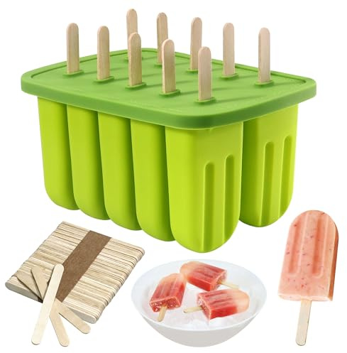 10 Cavity Popsicle Molds,Silicone Ice Pop Molds with 50pcs Wooden Sticks,BPA Free Popsicle Mold,Homemade Popsicle Ice Pop Maker Easy Release Ice Cream Molds for Kids Adult DIY Summer Popsicles