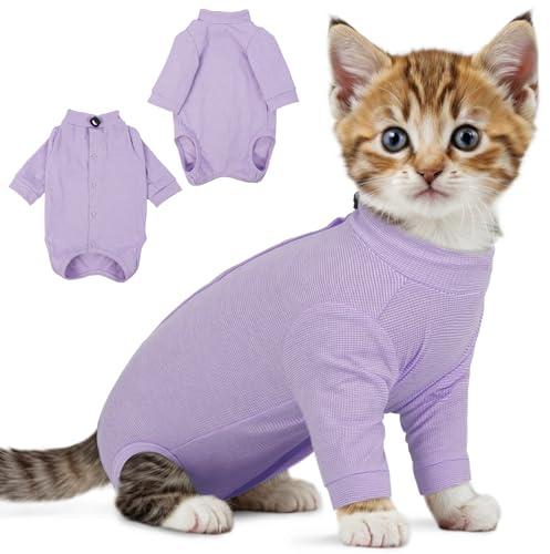 PUMYPOREITY Cat Front Leg Recovery Suit, Surgical Spay Suit with Leg Sleeves to Stop Licking, Machine Washable & Comfort Fit, Long Rear Sleeve Prevents Scratching & Biting, Purple, L