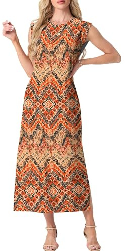 GRECERELLE Womens Summer Maxi Long Dress Casual Flower Sleeveless Crew Neck Split Hem Shift Dresses with Pocket for Ladies UK (Ink Yellow Wave, L)