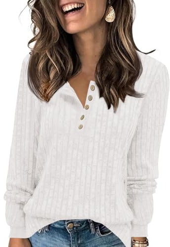 Fisoew Maglia a maniche lunghe da donna con scollo rotondo, con bottoni, a maniche lunghe, a coste, basic autunno, bianco, L
