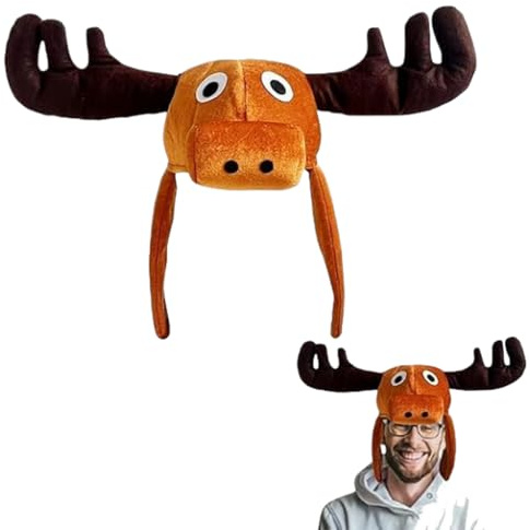 JIAHG Funny Plush Moose Hat with Antlers, Adult & Kids Animal Costume Headwear, Brown Soft Elk Hat for Christmas Halloween Carnival Fancy Dress Cosplay Party