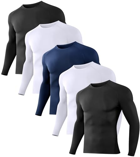 Dalavch 5 Pack Men’s Compression Shirts Long Sleeve Athletic Workout Rash Guard Gym Active Sports Undershirt Base Layer Top 2 Black 2 White 1 Blue Medium