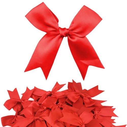 HQRKOTM 50 PCS Lazos Navidad Rojo 5cm Poliéster + 60Pcs Puntos Pegamento Adhesivo,lazos rojos navidad,Decoración Árbol Manualidad Adorno Navideño Cajas Bolsas Regalos Sobres Botellas Vino (Rojo).