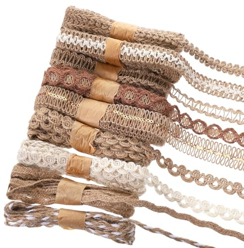 Xinjoduz 9 rullar naturlig säckväv spetsband, 18 meter vintage juteband för hantverk dekorativt band för gör-det-själv-sömnad, rustika bröllopsdekorationer, presentförpackning och festtillbehör (9