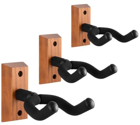 FERNVALE Guitar Wall Mount 3 Pack Walnut Wood Guitar Hanger with Adjustable Rotatable Soft U-Shaped Hook for All Size Acoustic Electric Guitar Bass Mandolin Banjo Heavy Duty Hardwood Guitar Holder