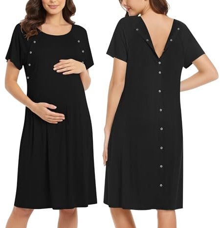 Ekouaer Women’s Nursing/Delivery/Labor/Hospital Nightdress Short Sleeve Maternity Nightgown with Button S-XXL, Black, S