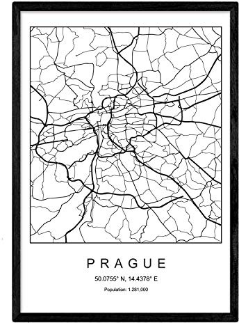Nacnic Lámina Mapa de la Ciudad Prague Estilo nordico en Blanco y Negro. Poster tamaño A3 Sin Marco Impreso Papel 250 gr. Cuadros, láminas y Posters para Salon y Dormitorio
