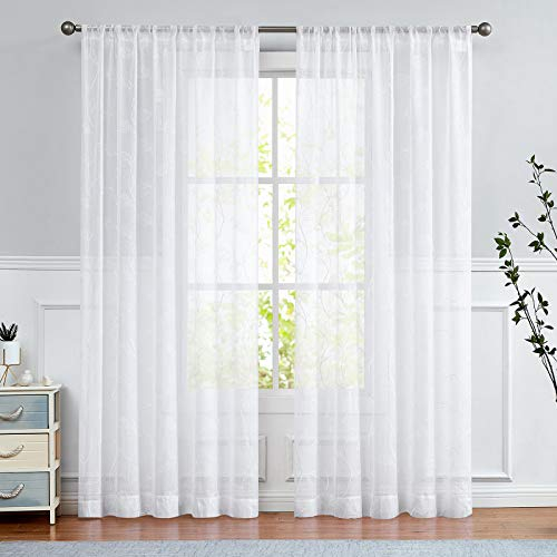 TOPICK Sheer Vorhang Voile Stangedurchzug Blätter Stickerei Gardine lichtdurchlässig Weiß Blatt Vorhänge Gaze Paarig für Wohnzimmer Schlafzimmer H225xB140(cm) 2er Set