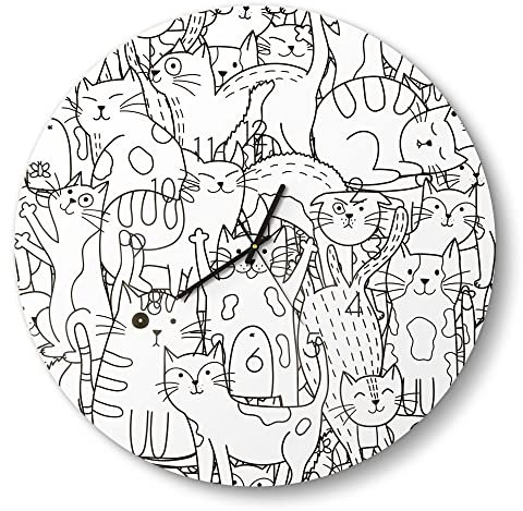 DEQORI Glasuhr | rund Ø 50 cm | Motiv Comic-Katzen | große XXL Design Uhr aus Glas | leise Wanduhr für Wohnzimmer & Küche | Moderne Hingucker Uhr für die Wand
