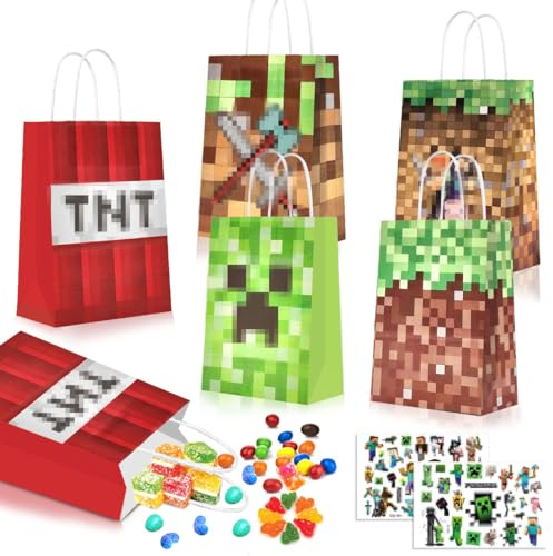 Papiertüten, 10 Stück Geschenktüten mit 2 Aufkleber, Tüten Papier mit Henkel Candy Tüten Paper Geschenktüten Kindergeburtstag, zum Verpacken von Geschenken, Kindergeburtstag, Hochzeit