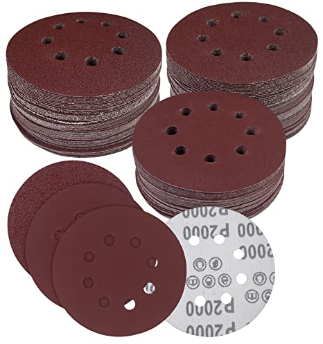 Fousenuk 100 piezas Discos Lija ø125mm Papel, 8 Agujeros Lijas Para Lijadora Orbital, 40/80/120/180/320/400/600/800/1500/2000 Grit Papel de Lija Hook and Loop Abrasivos