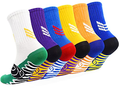 GRPSKCOS Kinder Jungen Sport Socken- 6 Paare Mitte Kalb sportliche Wanderung im Freien laufen Basketball bequeme Socken für Jungen Mädchen 5-14 Jahre(#1 Mehrfarbig-6 Paare,10-14 Jahre)