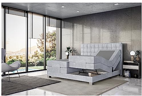 MEBLINI Boxspringbett Elektrisch Verstellbar - Gepolstert Doppelbett mit Matratzen und Toppers - Polsterbett - Bett mit Kopfteil - Edison - 160x200 - H3/Hellgrau Samt