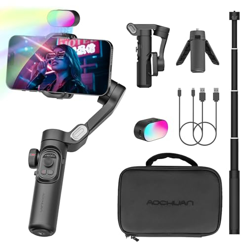 AOCHUAN Estabilizador de cardán de teléfono para iPhone 15 Pro Max, teléfonos Android con barra de extensión, estabilizador de cardán de teléfono de 3 ejes con enfoque de seguimiento para vlogging