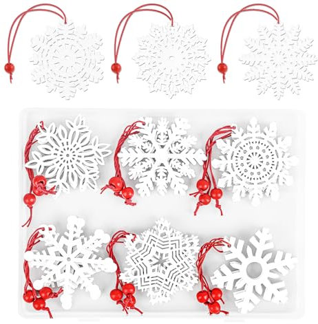 Anstore 27 Stück Christbaumschmuck Holz Schneeflocken Deko Weihnachtsbaumschmuck Weiß Verzierung Holzscheiben für Tischdeko Winterdeko(7cm)