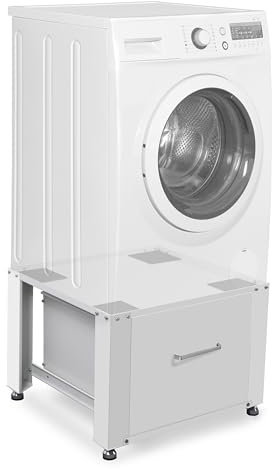 RELLES Waschmaschinen Untergestell mit Schublade, bis 500 kg Tragkraft, Unterbau aus Stahl, 60x54cm Podest für Waschmaschine & Trockner, stabilen Höhenverstellbaren Füßen, 43-48cm hoch