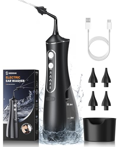 SEEDEAR Electric Ear Wax Removal Kit, IPX7 Waterproof Ear Irrigation Kit , 4 Pressure Modes, 300mL Large Tank, 4 Reusable Soft Tips, Home Ear Syringe Kit Cleaning Tool (Light-Black)