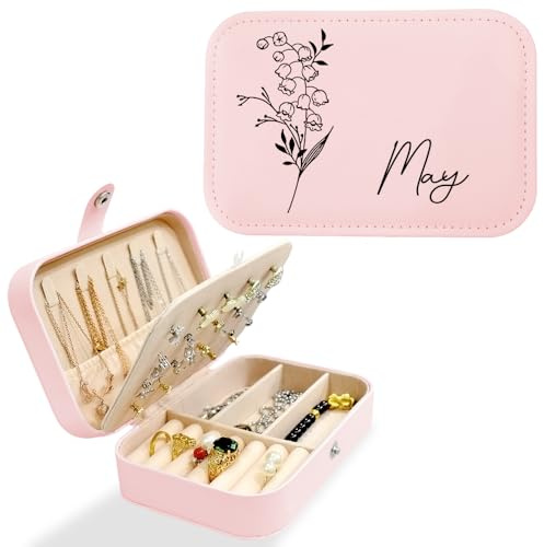 Personalized Travel Jewelry Box with Birth Flower, PU Leather Small Jewelry Organizer for Women Girls, Portable Travel Case Display Storage Holder Boxes for Earrings,Rings,Necklaces, Bracelets