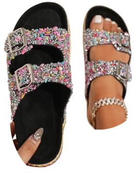 Minetom Mules Femme Paillettes Boucle Sabots Bout Ouvert Été Plates en Liège Nu-Pieds Semelles Épaisses Sandales De Plage Boho Romain Chaussons