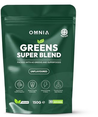 OMNIA Super Greens Powder – 40 Ingredients with Superfoods, Vitamins & Antioxidants – Supports Gut Health, Detox, Energy & Immunity – Vegan-Friendly, Non-GMO – 30 Servings (150G, Unflavoured)