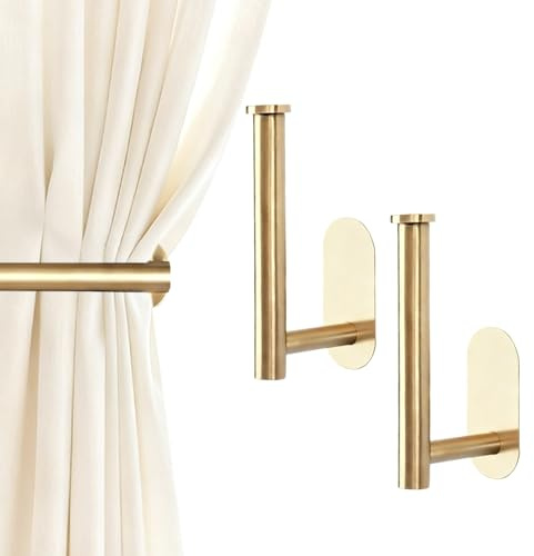 Curtain Holdbacks 2 Pack Adhesive No-Drill Hooks Damage-Free Wall-Mounted with Strong Reusable Glue for Drapes (gold)