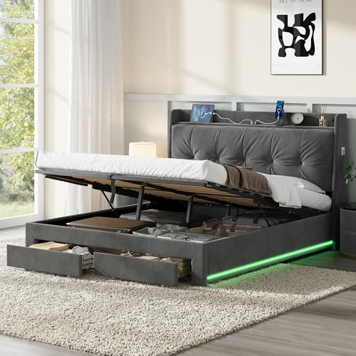 5ft King Size Ottoman Storage Bed with Hydraulic Lift & 2 Drawers & Back Cushion Headboard, Velvet Fabric Functional Upholstered Bed Frame with RGB LED Lighting & Charging Station, Grey, No Mattress