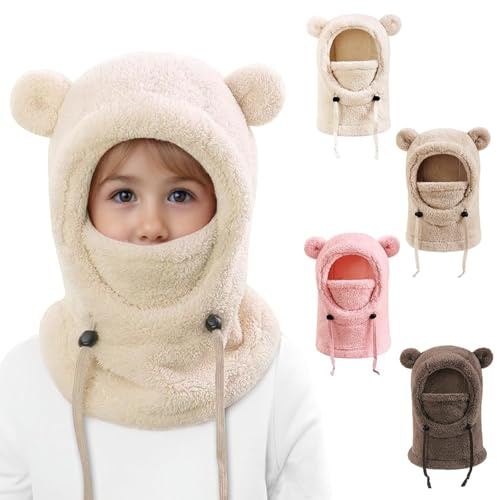 Bafiwu Cagoule d'hiver Unisexe pour Enfants 3 à 10 Ans, écharpe Ski Cagoule Fille Ajustable, Bonnet Polaire Chaud Mignon, Cou écharpe pour Garçons Filles (Beige)