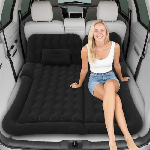 WOLEGM Materasso ad aria SUV doppio lato floccato più spesso – Materasso gonfiabile mobile per campeggio e viaggi con pompa ad aria elettrica, materasso per auto per bagagliaio sedile posteriore