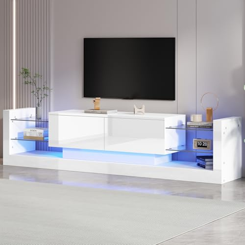 Mueble De TV Con Tablero De Partículas, Diseño Alto Brillo Con Iluminación LED Y Frente De Cristal, Soporte Para Televisor Hasta 80 Pulgadas, Aparador Para Salón Y Sala De Estar, Blanco, Largo 181 cm