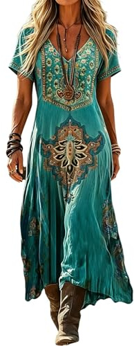 Summer Dresses for Women UK Ladies Vintage Boho Maxi Dress UK V Neck Short Sleeve Flowy A-Line Print Dress Casual Plus Size Beach Holiday Outfit Baggy Smock Sundress