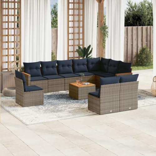 mzdioop Set di divani da giardino da 11 pezzi con cuscini, in polyrattan grigio, per terrazza, balcone, resistente alle intemperie, con tavolo e gruppo di sedute in rattan PE e acciaio verniciato a