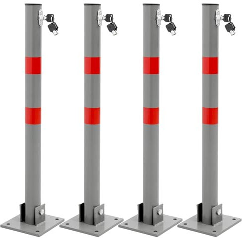ECD Germany 4x Barrière de Parking Rabattable - 71 cm - Rond - en Acier - Verrouillable avec Clés - Poteau Borne de Stationnement Pliable - Matériel de Fixation Inclus - Bandes Avertissement Rouges