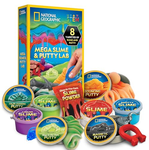 NATIONAL GEOGRAPHIC Mega Slime Kit & Putty Lab - 4 Types of Slime Plus 4 Types of Putty Including Magnetic, Slime Kit for Boys and Girls, Sensory Toy & Science Kit